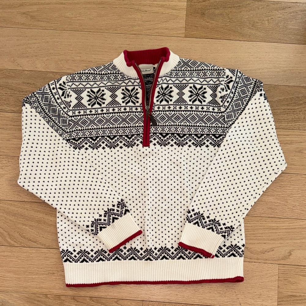 L.L. Bean Boys Black and White Nordic Sweater quarter zip sz M 10/12 100% Cotton - Picture 5 of 10